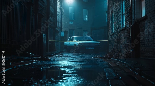 Obraz na płótnie Mysterious alley at night with a police car and rain-soaked pavement offering an eerie atmosphere of suspense and intrigue. w salonie