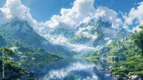 Stunning Mountain Lake Scenery Illustration