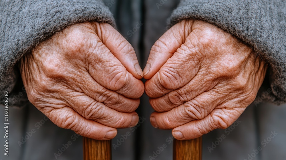 Fototapeta premium Elderly Hands Gripping a Wooden Cane, AI