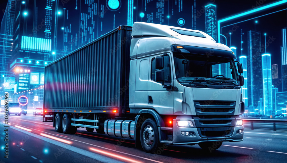 Truck with container road with city background. Semi freight transport trailer vehicle shipping delivery highway. Commercial logistics business cargo traffic industry. Urban light blur. Truck with container road with city background. Semi freight transport trailer vehicle shipping delivery highway. Commercial logistics business cargo traffic industry. Urban light blur.
