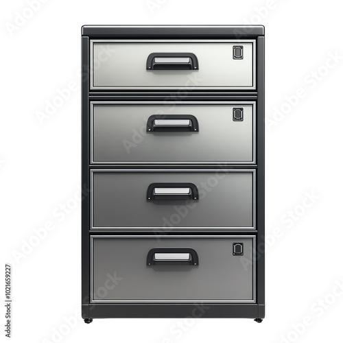 A sleek metallic filing cabinet with four spacious drawers, ideal for organizing documents and office supplies.