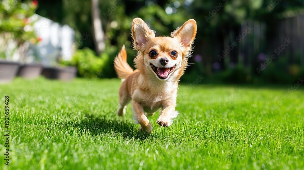 Happy Chihuahua running on the grass backyard