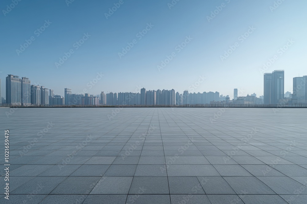 Empty square floor with modern city skyline in the background, a front view of a building in China against a blue sky, horizontal composition Generative AI Empty square floor with modern city skyline in the background, a front view of a building in China against a blue sky, horizontal composition Generative AI