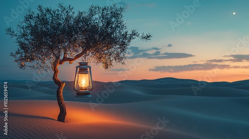   Lantern dangles on palm tree amidst desert at sunset