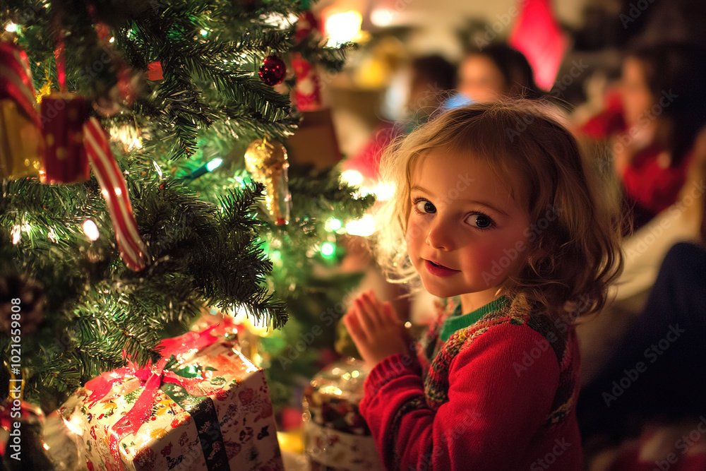a little girl is admiring the Christmas tree a little girl is admiring the Christmas tree