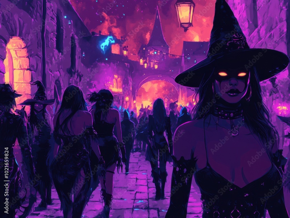 Witch in a black hat walking down a street with other witches, themed costume party Witch in a black hat walking down a street with other witches, themed costume party