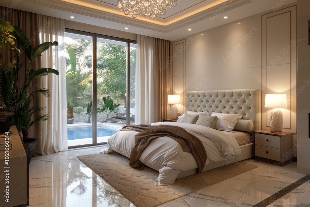 Luxury Bedroom with Pool View Illustration Luxury Bedroom with Pool View Illustration