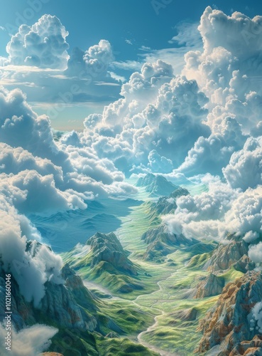 Aerial View of a Lush Mountain Valley with Clouds