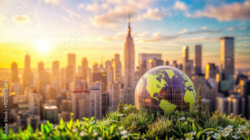 Globe grass with cityscape background, earth day concept. World environment protection and urban conservation, green ecological sustainability planet life, renewable energy, and eco friendly growth.