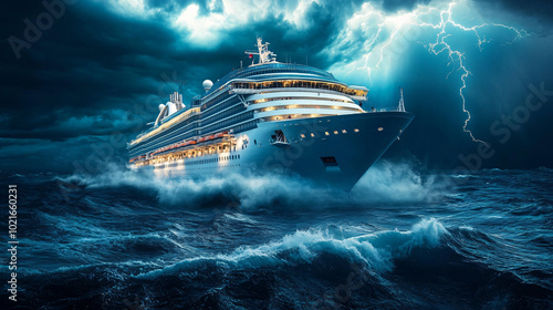 A cruise liner trying to stay afloat during a powerful storm, massive waves crash onto the deck, lightning splits the sky