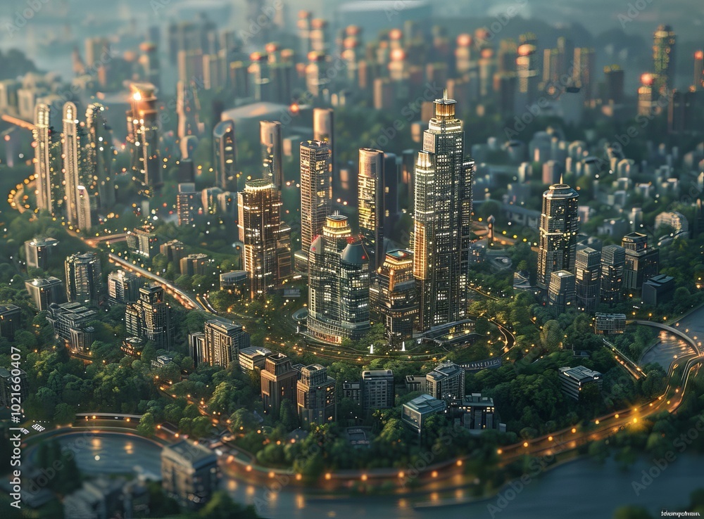 Fototapeta premium Cityscape Aerial View Digital Illustration