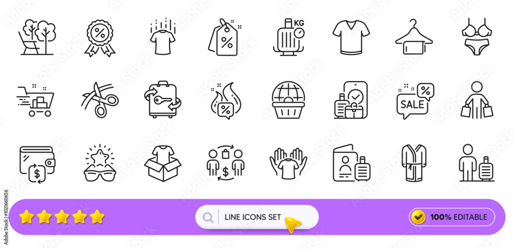 Clothing, Wallet and Scissors line icons for web app. Pack of Bathrobe, Luggage, Buying process pictogram icons. Hot offer, Baggage, Shopping cart signs. Best glasses, Hold t-shirt, Deckchair. Vector Clothing, Wallet and Scissors line icons for web app. Pack of Bathrobe, Luggage, Buying process pictogram icons. Hot offer, Baggage, Shopping cart signs. Best glasses, Hold t-shirt, Deckchair. Vector
