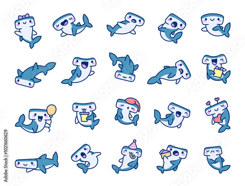 Cute hammerhead fish character. Friendly cartoon sea shark. Hand drawn style. Vector drawing. Collection of design elements.