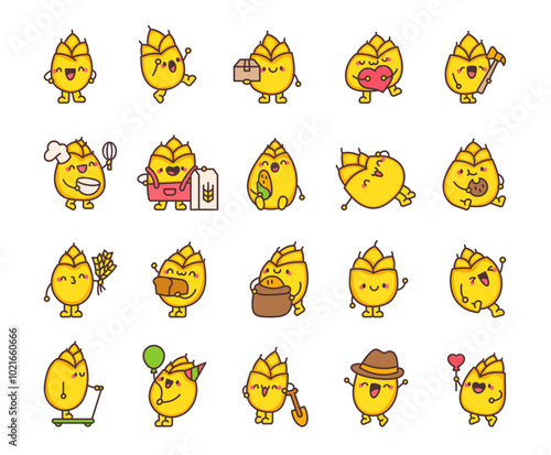 Cute wheat grain character. Friendly cartoon plant. Vector drawing. Collection of design elements.