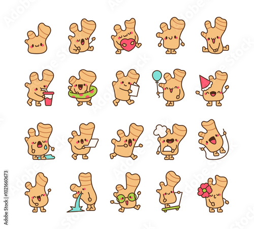 Cute ginger root character. Friendly cartoon plant. Vector drawing. Collection of design elements.