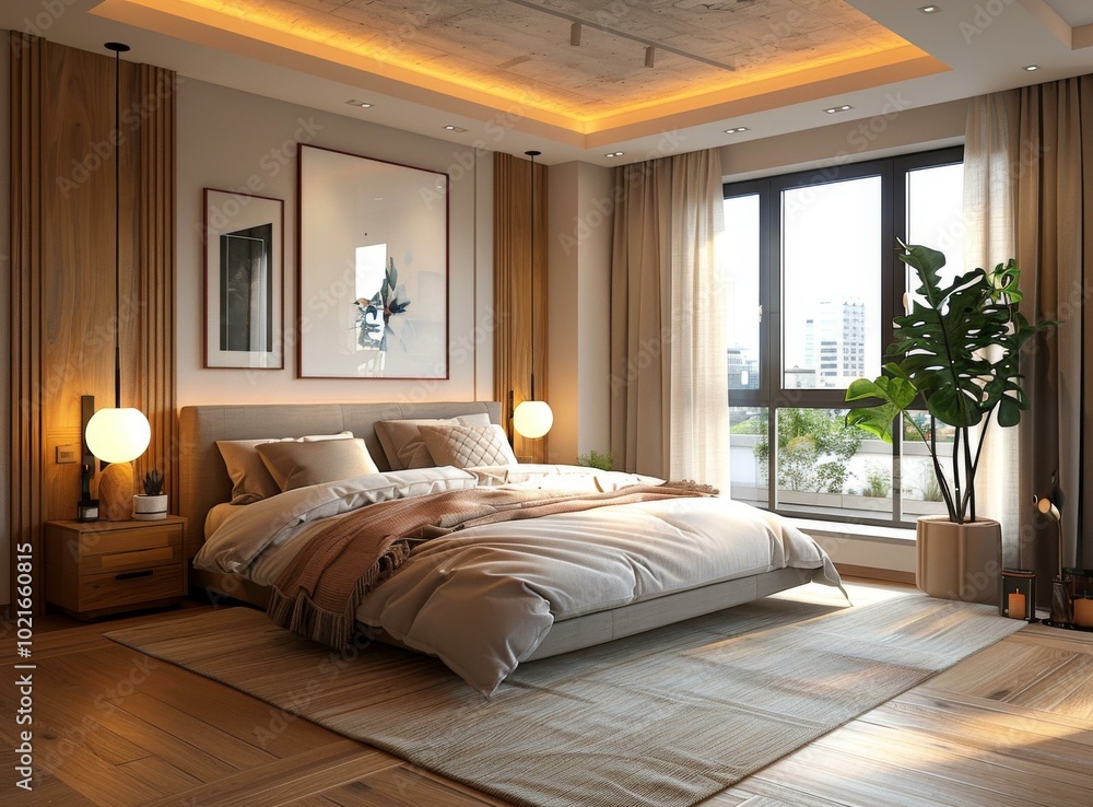 Fototapeta premium Modern Bedroom Interior Design with Natural Elements