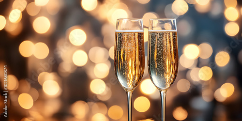 two glasses of champagne are on the table. new year atmosphere. festive atmosphere. champagne on Christmas Eve. bokeh background