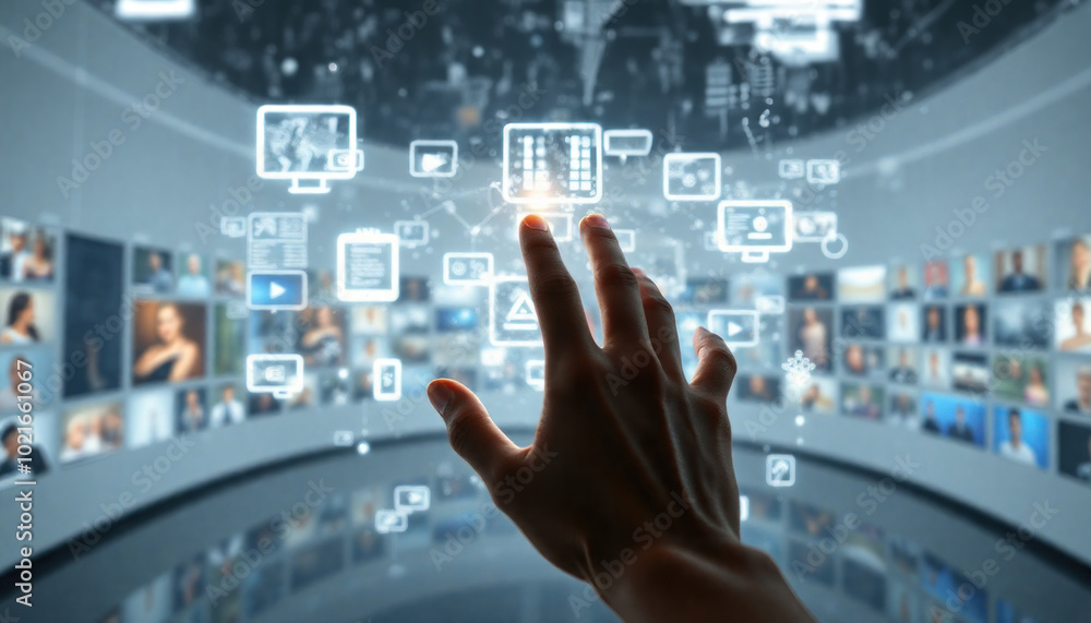 hand touching virtual screen with multimedia icons. Modern technology concept, digital interface connection with global network, future communication display business information. hand touching virtual screen with multimedia icons. Modern technology concept, digital interface connection with global network, future communication display business information.