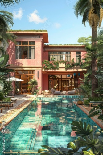 A luxurious villa with a pool in a tropical setting