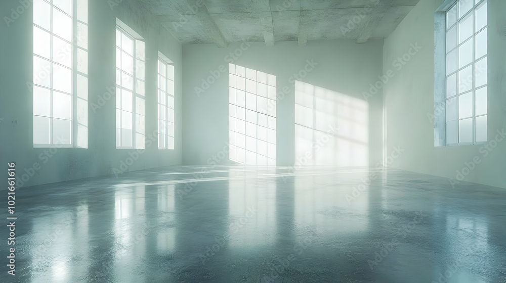 Empty Room with Large Windows and Sunbeams 3D Render Empty Room with Large Windows and Sunbeams 3D Render