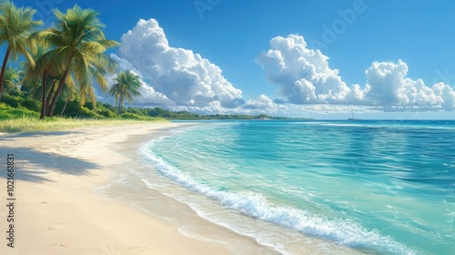 Serene Nature Landscape at Sunrise and A peaceful scene of a tropical beach print of mountains, forests, or oceans.