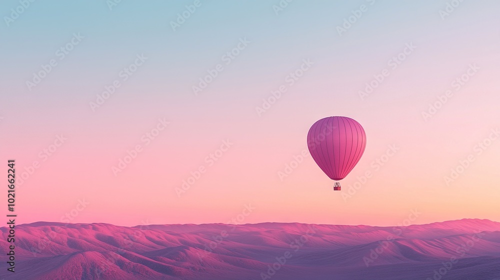 Fototapeta premium A hot air balloon soars above a majestic mountain range, framed by a vibrant pink and blue sky