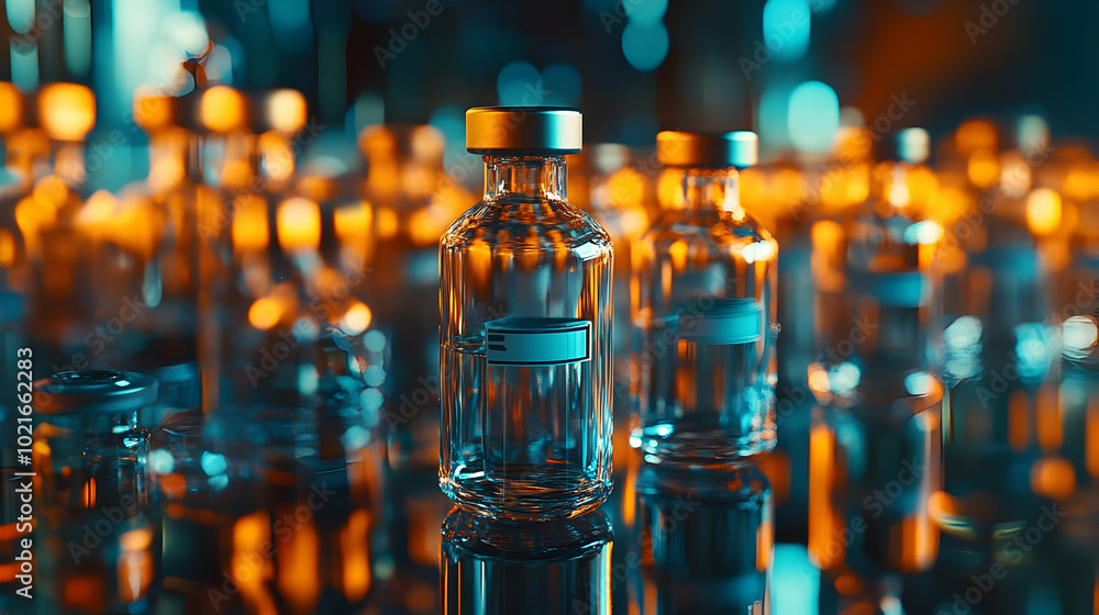 Glass Bottles with Blue and Orange Bokeh - 3d Illustration Glass Bottles with Blue and Orange Bokeh - 3d Illustration