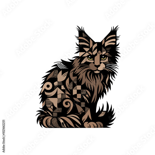 Vector Abstract patchwork Maine Coon cat, Art Nouveau, on white background, bold lines, flat design, simple shapes, geometric patterns. 