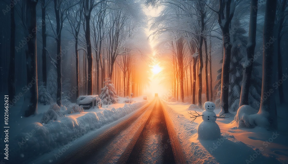 winter forest with snow-covered trees and a snowman on both sides of a snow-covered road during sunset winter forest with snow-covered trees and a snowman on both sides of a snow-covered road during sunset