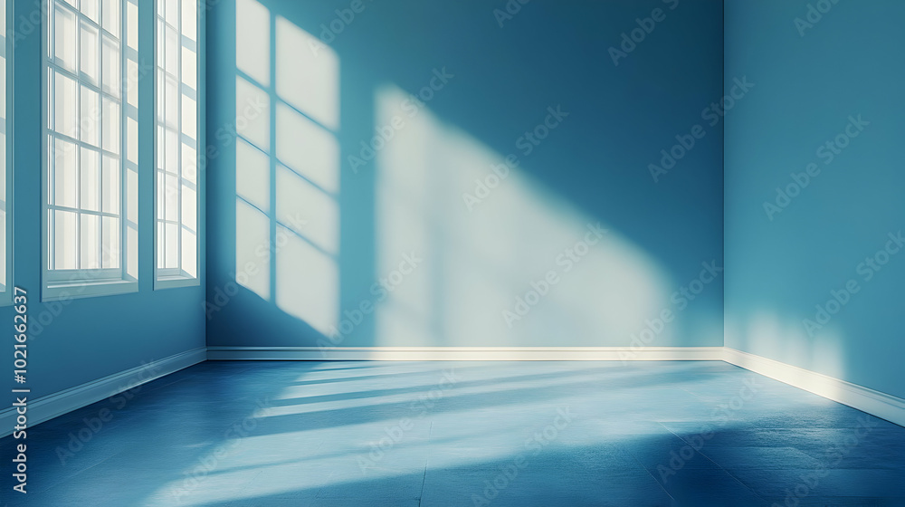 Fototapeta premium Blue Room with Windows and Sunbeams 3D Illustration