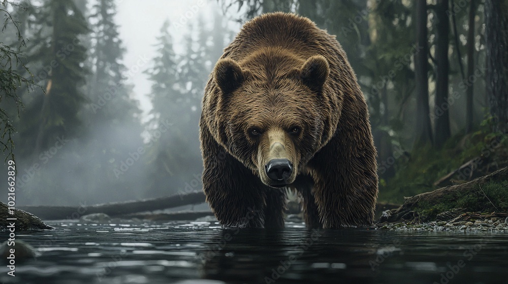 Obraz premium Brown bear in forest by lake with tree backdrop