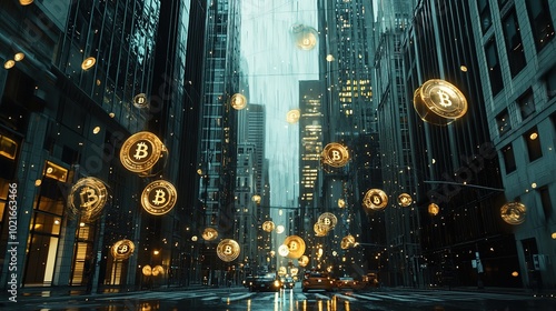 A futuristic cityscape featuring floating cryptocurrency symbols amidst a rain-soaked urban environment, evoking themes of technology and finance. photo