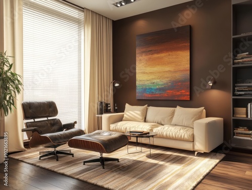 Study room with dark brown walls and creamy furniture. An artistic flair with a bold, colorful painting or an abstract mural that contrasts beautifully