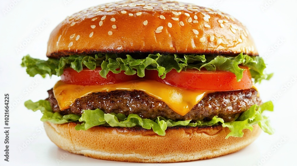 A cheeseburger with lettuce, tomato on a sesame seed bun against a white backdrop A cheeseburger with lettuce, tomato on a sesame seed bun against a white backdrop