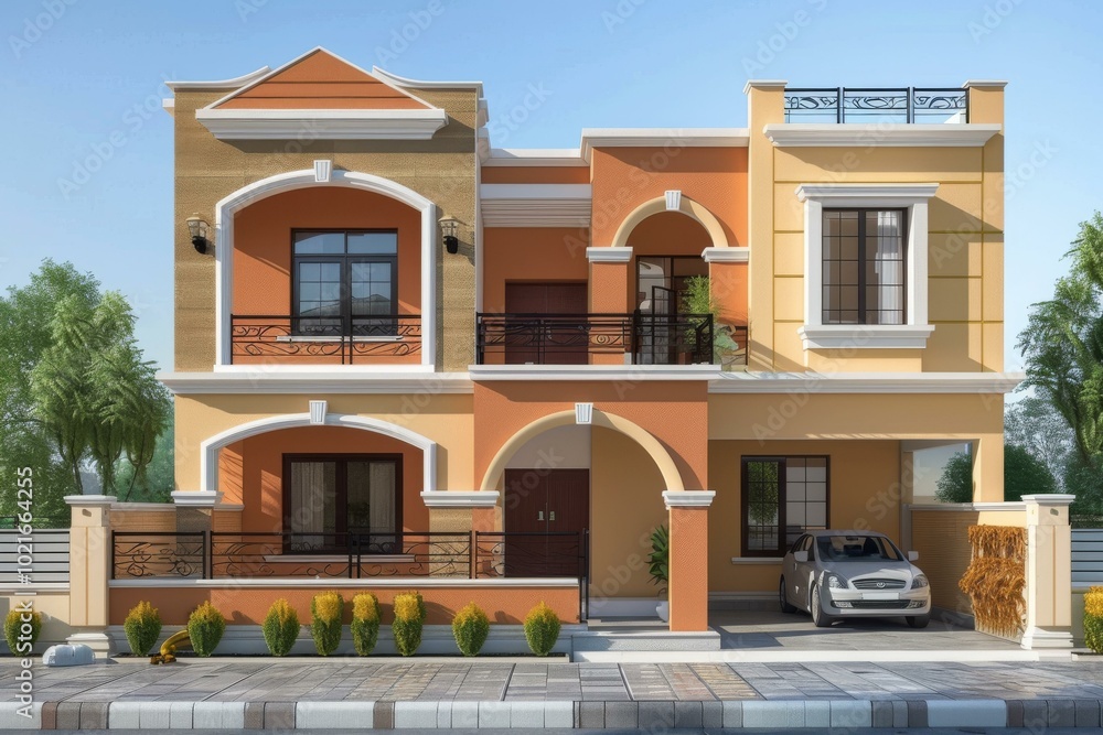 Multi-storied House Exterior Design with Orange and Beige Tones Multi-storied House Exterior Design with Orange and Beige Tones
