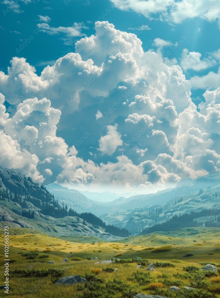 Fototapeta premium Stunning Mountain Valley Landscape Under a Dramatic Sky