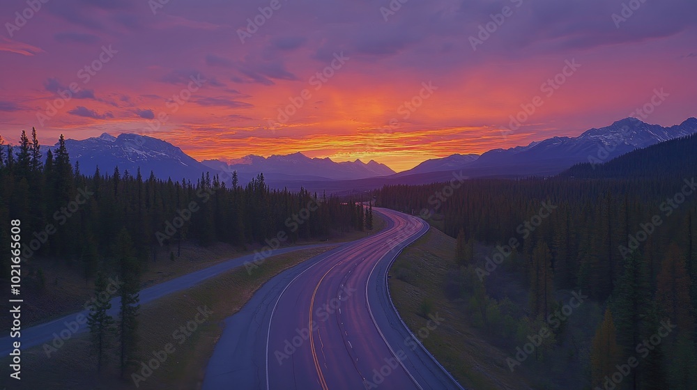 Fototapeta premium A quiet highway at sunset, with vibrant orange and purple hues in the sky, winding through a forested area with distant mountains.