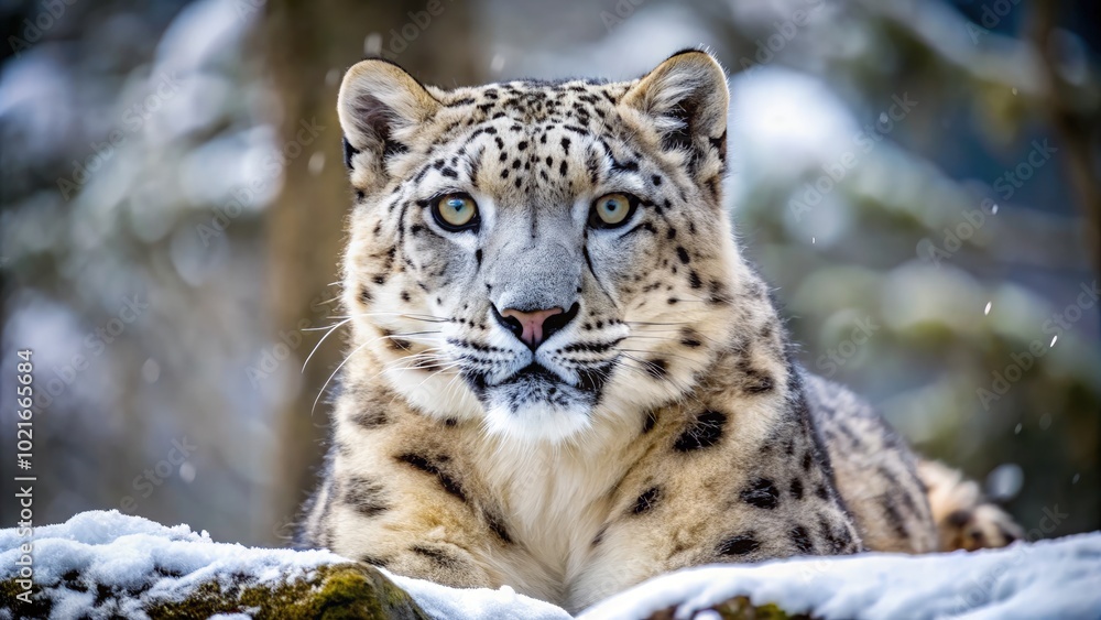 Snow leopard resting on snow-covered rocks in a serene mountainous habitat. Generative AI Snow leopard resting on snow-covered rocks in a serene mountainous habitat. Generative AI