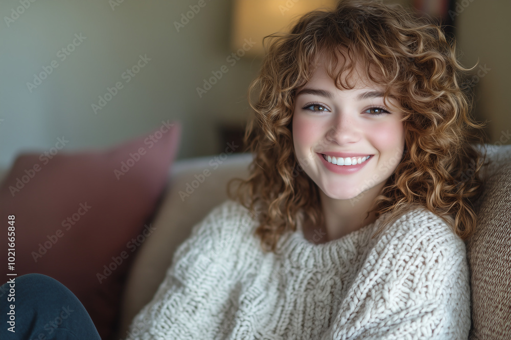 Stylish woman in her 30s smiling while taking a selfie on her couch, with modern home decor in the background Stylish woman in her 30s smiling while taking a selfie on her couch, with modern home decor in the background