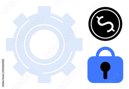 Gear symbol next to a dollar sign and lock. Ideal for security, finance, technology, business, and industry themes. Clean, modern style with blue, black, and white colours