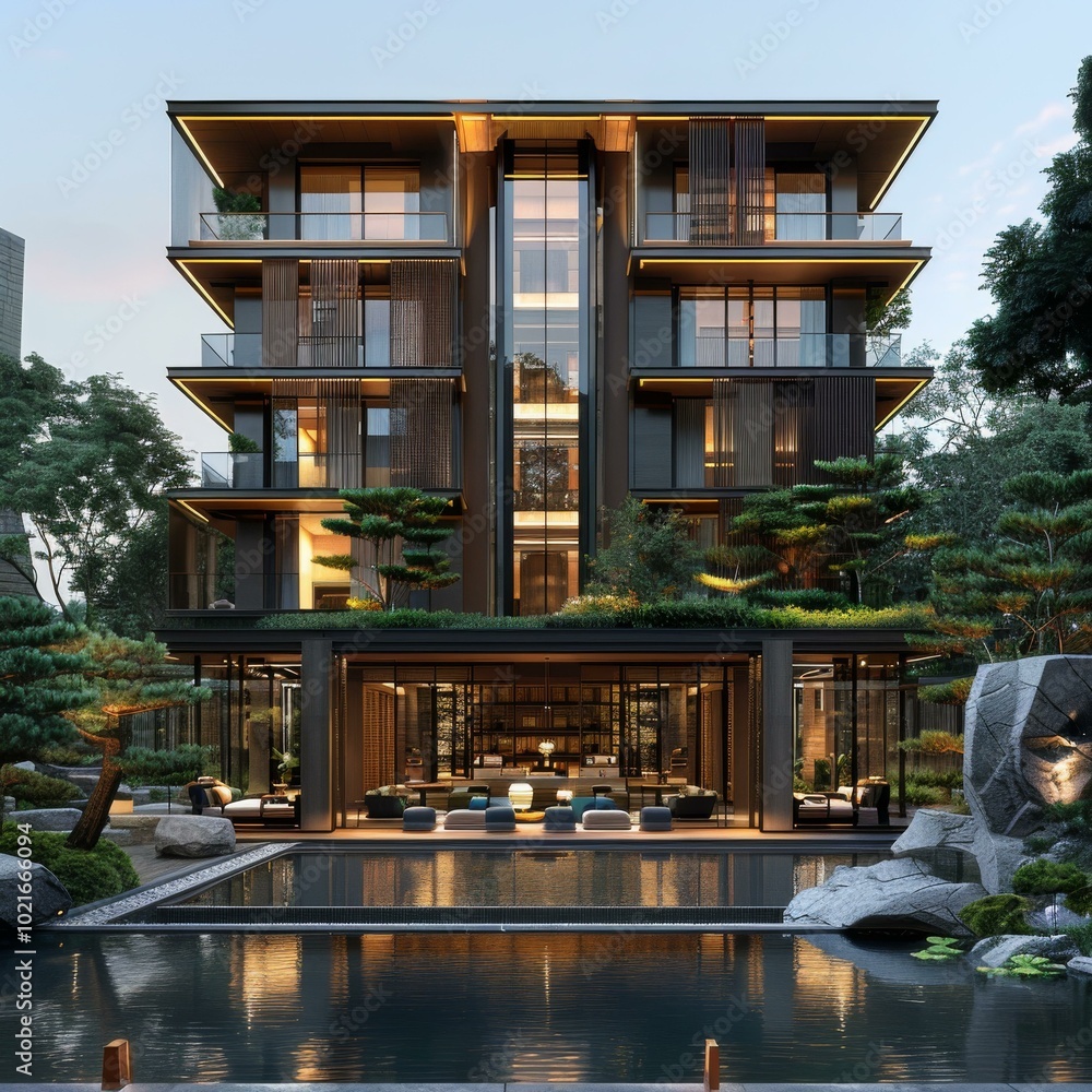 Fototapeta premium Modern Japanese Style Apartment Building with Garden and Pool