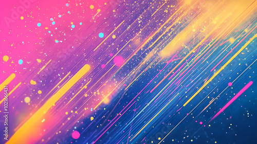 A vibrant image featuring multiple hues of lines and dots set against a captivating blue and purple backdrop, with bright yellow and pink accents gracing the left side