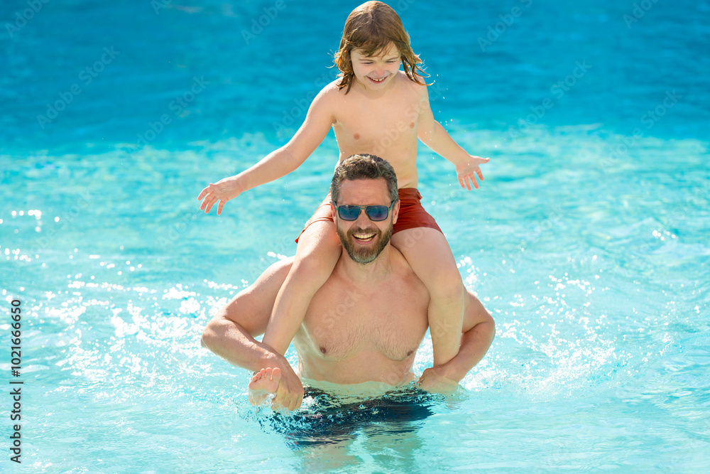 Father son beach adventure. Family bonding of father and son. Family day with dad and son. Father with kid in swimming pool. Fatherhood at summer vacation. Summer vacation at pool. Travel destination