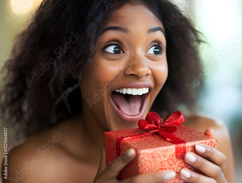 A joyful woman surprises with a beautifully wrapped gift, capturing pure happiness in a festive atmosphere.