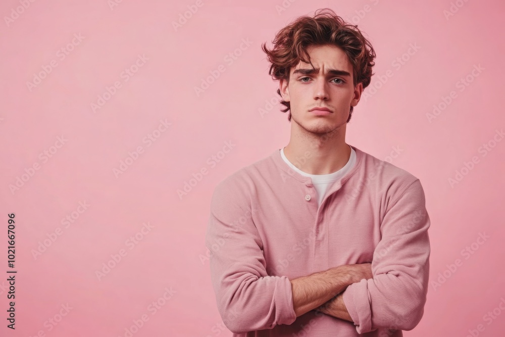 Fototapeta premium a man with his arms crossed standing in front of a pink background