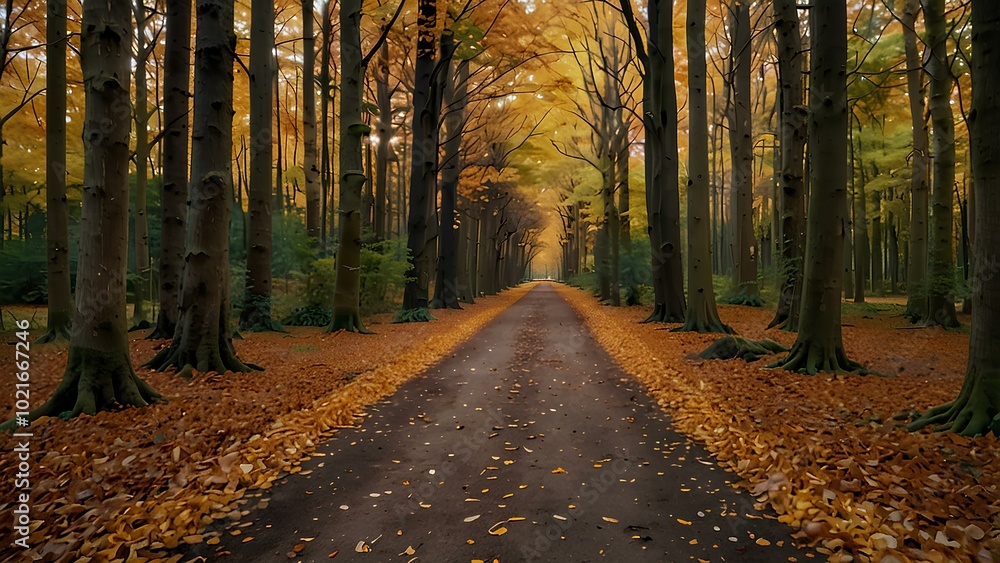 Obraz premium Scenic Forest Path Covered in Autumn Leaves: Peaceful Fall Walk Through Nature
