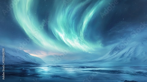 A vivid display of Northern Lights swirls above a snowy landscape, with the soft glow reflecting on the frozen ground below.