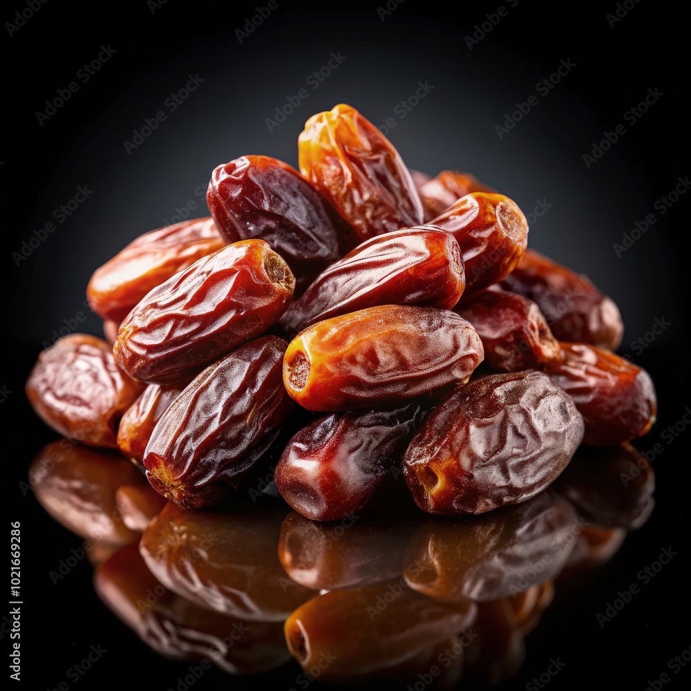 A pile of luscious medjool dates arranged beautifully, showcasing their rich, dark color A pile of luscious medjool dates arranged beautifully, showcasing their rich, dark color