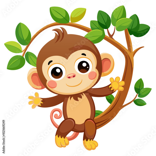 cute baby monkey hanging tree isolated on white background