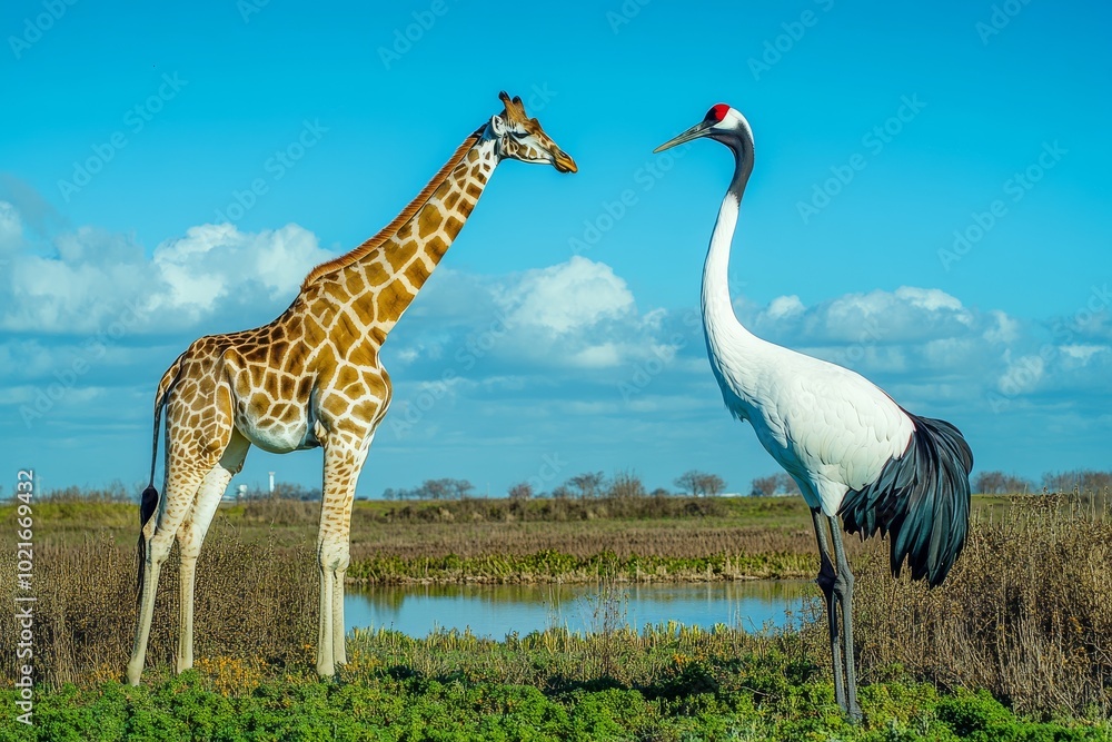 Naklejka premium Majestic Giraffe Towering Crane in a Vibrant Landscape
